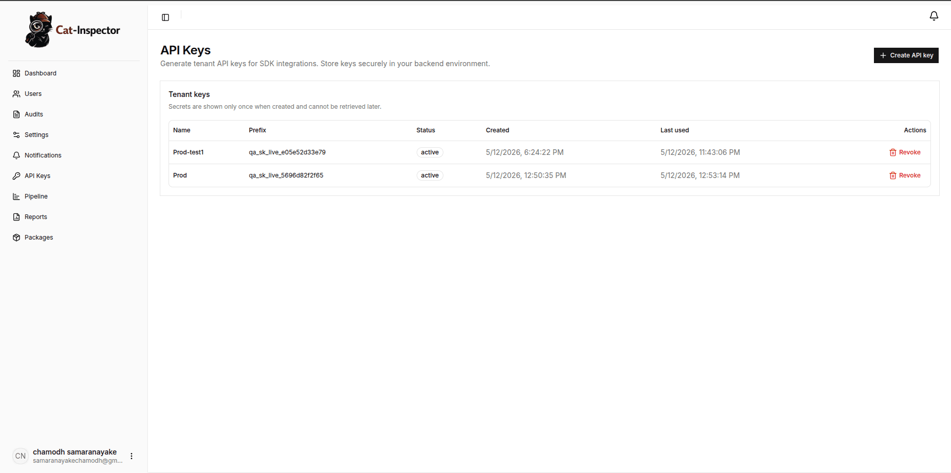Cat-Inspector dashboard: sidebar with API Keys selected, API Keys page title, note that secrets are shown only once, + Create API key button, and tenant keys table with Name, Prefix, Status, Created, Last used, and Revoke actions