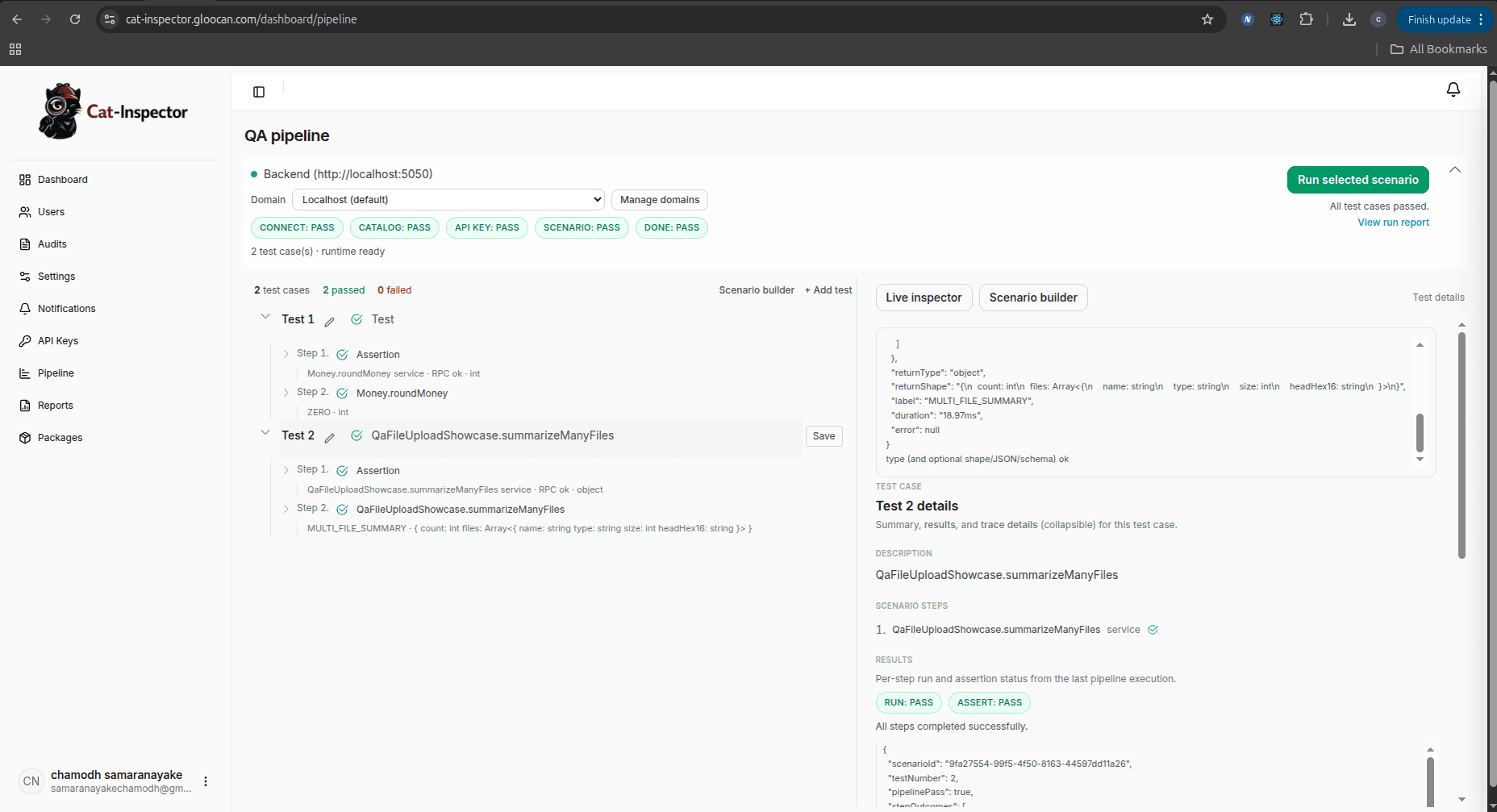 Gloocan QA pipeline: sidebar navigation, pipeline header with Connect/Catalog/API key/Scenario/Done status badges, scenario list with expandable test steps, Run selected scenario control, and Live Inspector panel showing structured run and assertion details